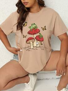 SHEIN Essnce 大碼蘑菇&蝴蝶圖案T恤 - 杏色 - 查看 6