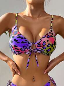 SHEIN Summer Allover Print Drawstring Front Bikini Top - Multicolor - View 3