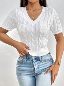 SHEIN Essnce Solid Cable Knit V Neck Crop Knit Top