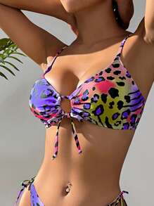 SHEIN Summer Allover Print Drawstring Front Bikini Top - Multicolor - View 4