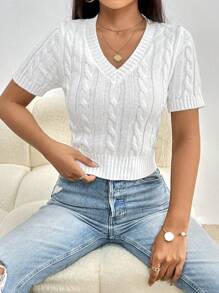 SHEIN Essnce Solid Cable Knit V Neck Crop Knit Top
