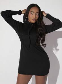 SHEIN SXY 休閒抽繩純色女士衛衣 - 黑色 - 查看 1