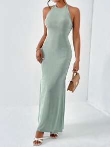 SHEIN Privé Solid Halter Neck Backless Bodycon Dress Open Back Dress - Green - View 3