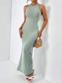 SHEIN Privé Solid Halter Neck Backless Bodycon Dress Open Back Dress - Green - View 2