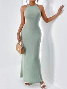 SHEIN Privé Solid Halter Neck Backless Bodycon Dress Open Back Dress - Green - View 4