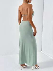 SHEIN Privé Solid Halter Neck Backless Bodycon Dress Open Back Dress - Green - View 5