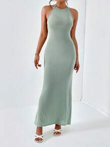 SHEIN Privé Solid Halter Neck Backless Bodycon Dress Open Back Dress - Green - View 6