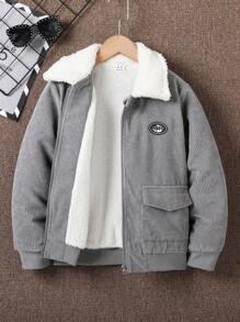 SHEIN Tween Boy Letter Patched Detail Borg Collar Teddy Lined Jacket - Grey - View 1