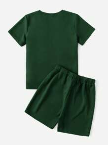 SHEIN Tween Boy Letter Graphic Tee & Drawstring Waist Shorts - Dark Green - View 2