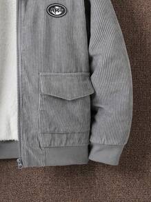 SHEIN Tween Boy Letter Patched Detail Borg Collar Teddy Lined Jacket - Grey - View 3