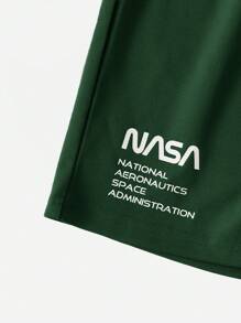 SHEIN Tween Boy Letter Graphic Tee & Drawstring Waist Shorts - Dark Green - View 3