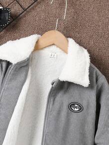 SHEIN Tween Boy Letter Patched Detail Borg Collar Teddy Lined Jacket - Grey - View 4