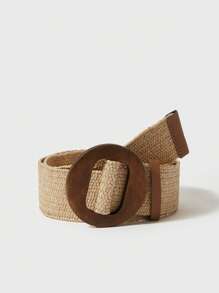 棕色的扣飾淺褐色的草編帽適合女孩 - 米色 - 查看 1