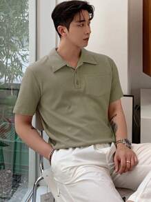 DAZY 男士纯色口袋贴布 Polo 衫（秋季） - 綠色 - 查看 3