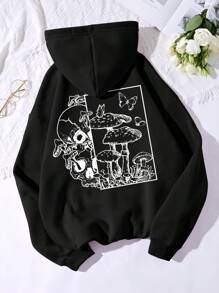 SHEIN EZwear Mushroom Print Drawstring Thermal Lined Hoodie - Black - View 1