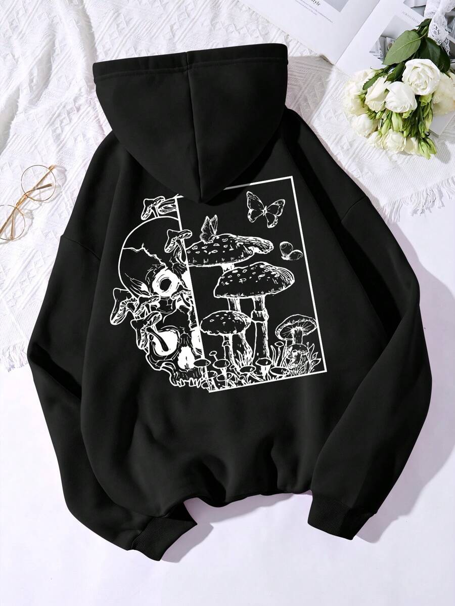 SHEIN EZwear Mushroom Print Drawstring Thermal Lined Hoodie - Black - View 1