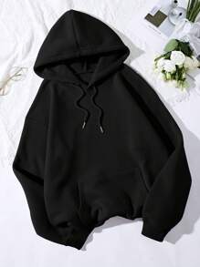 SHEIN EZwear Mushroom Print Drawstring Thermal Lined Hoodie - Black - View 2