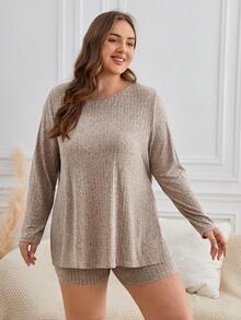 SHEIN Frenchy Plus Split Hem Tee & Shorts - Khaki - View 5