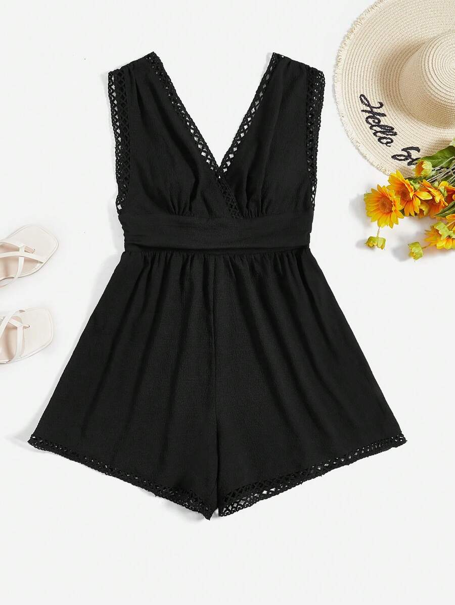 SHEIN VCAY Plus Guipure Lace Trim Romper - Black - View 1