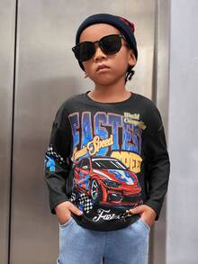 SHEIN Young Boys' Casual Comfortable Loose Fit Street Style Car & Letter Pattern Round Neck Drop Shoulder T-shirt, Autumn & Winter - Black - View 3