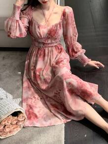 DAZY Allover Floral Print Sweetheart Neckline Lantern Sleeve Dress,Milkmaid Dress,Fall Dress Long Sleeve Dress Vacation Outfits Women - Pink - View 1