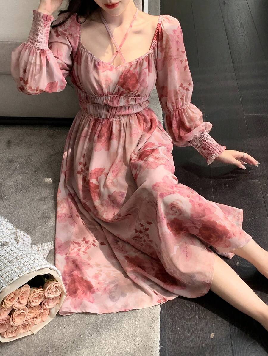 DAZY Allover Floral Print Sweetheart Neckline Lantern Sleeve Dress,Milkmaid Dress,Fall Dress Long Sleeve Dress Vacation Outfits Women - Pink - View 1
