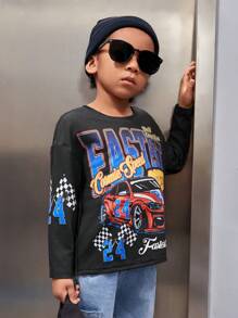 SHEIN Young Boys' Casual Comfortable Loose Fit Street Style Car & Letter Pattern Round Neck Drop Shoulder T-shirt, Autumn & Winter - Black - View 4