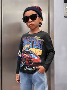SHEIN Young Boys' Casual Comfortable Loose Fit Street Style Car & Letter Pattern Round Neck Drop Shoulder T-shirt, Autumn & Winter - Black - View 1