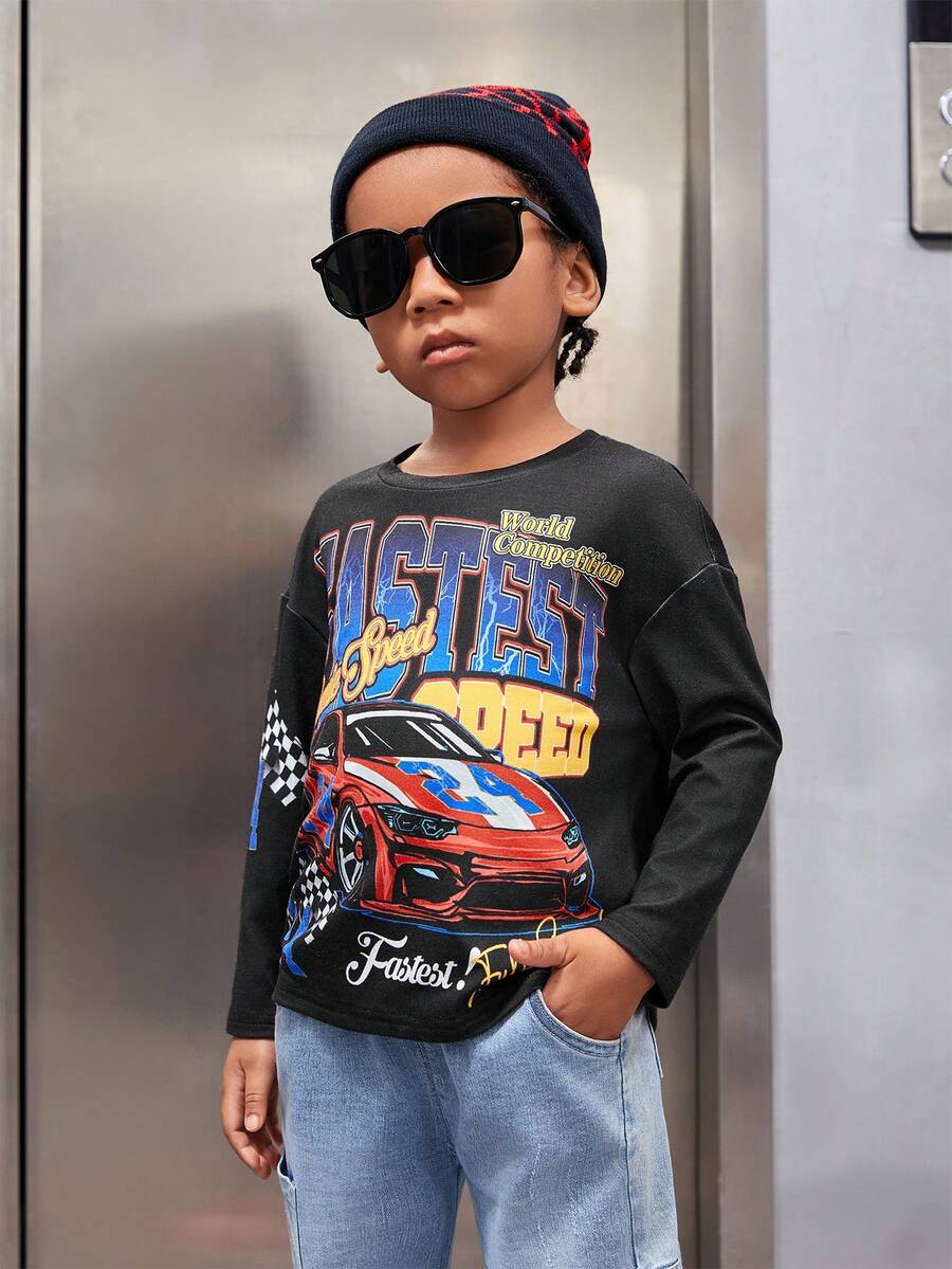 SHEIN Young Boys' Casual Comfortable Loose Fit Street Style Car & Letter Pattern Round Neck Drop Shoulder T-shirt, Autumn & Winter - Black - View 1