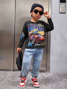 SHEIN Young Boys' Casual Comfortable Loose Fit Street Style Car & Letter Pattern Round Neck Drop Shoulder T-shirt, Autumn & Winter - Black - View 5