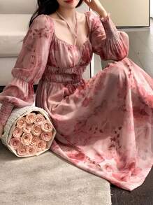 DAZY Allover Floral Print Sweetheart Neckline Lantern Sleeve Dress,Milkmaid Dress,Fall Dress Long Sleeve Dress Vacation Outfits Women - Pink - View 4