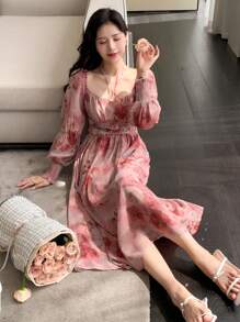 DAZY Allover Floral Print Sweetheart Neckline Lantern Sleeve Dress,Milkmaid Dress,Fall Dress Long Sleeve Dress Vacation Outfits Women - Pink - View 5