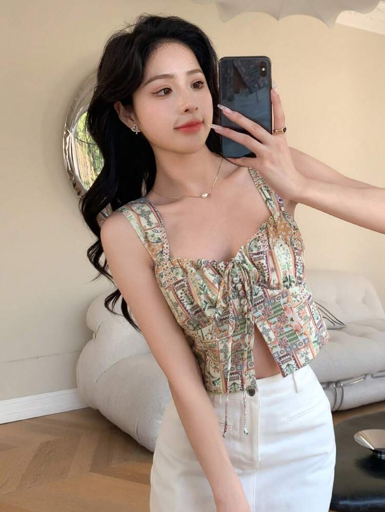 Floral Print Twist Front Cami Top Babydoll Top, Boho Tops Vacation