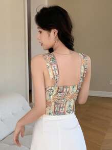 DAZY Floral Print Twist Front Cami Top Babydoll Top, Boho Tops Vacation Crop Top - Multicolor - View 2