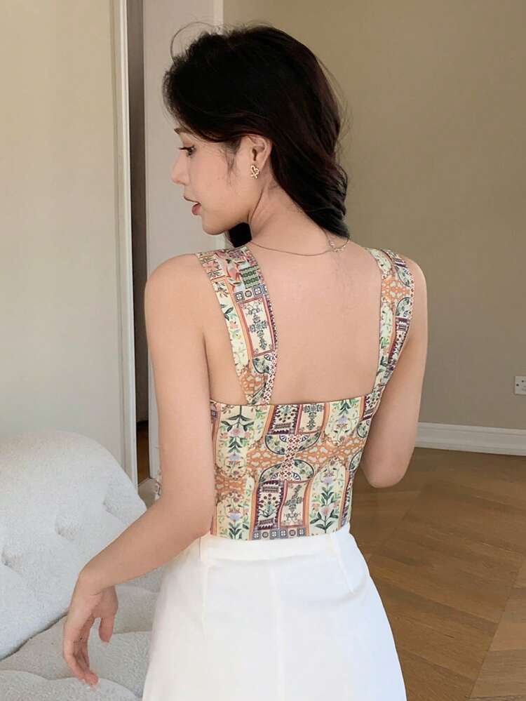 Floral Print Twist Front Cami Top Babydoll Top, Boho Tops Vacation
