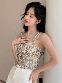 DAZY Floral Print Twist Front Cami Top Babydoll Top, Boho Tops Vacation Crop Top - Multicolor - View 3