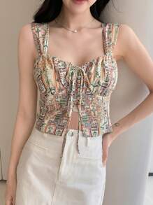 DAZY Floral Print Twist Front Cami Top Babydoll Top, Boho Tops Vacation Crop Top - Multicolor - View 4