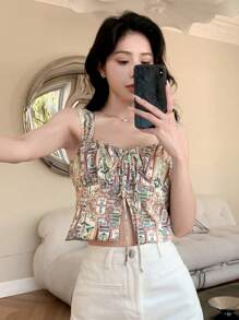 DAZY Floral Print Twist Front Cami Top Babydoll Top, Boho Tops Vacation Crop Top - Multicolor - View 6