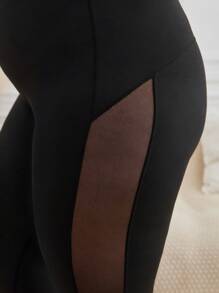 SHEIN Frenchy 大碼網紗拼接拼接緊身打底褲 - 黑色 - 查看 2