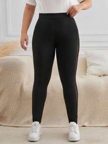 SHEIN Frenchy 大碼網紗拼接拼接緊身打底褲 - 黑色 - 查看 4