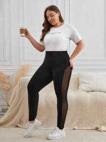 SHEIN Frenchy 大碼網紗拼接拼接緊身打底褲 - 黑色 - 查看 5