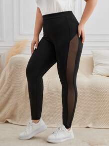 SHEIN Frenchy 大碼網紗拼接拼接緊身打底褲 - 黑色 - 查看 6