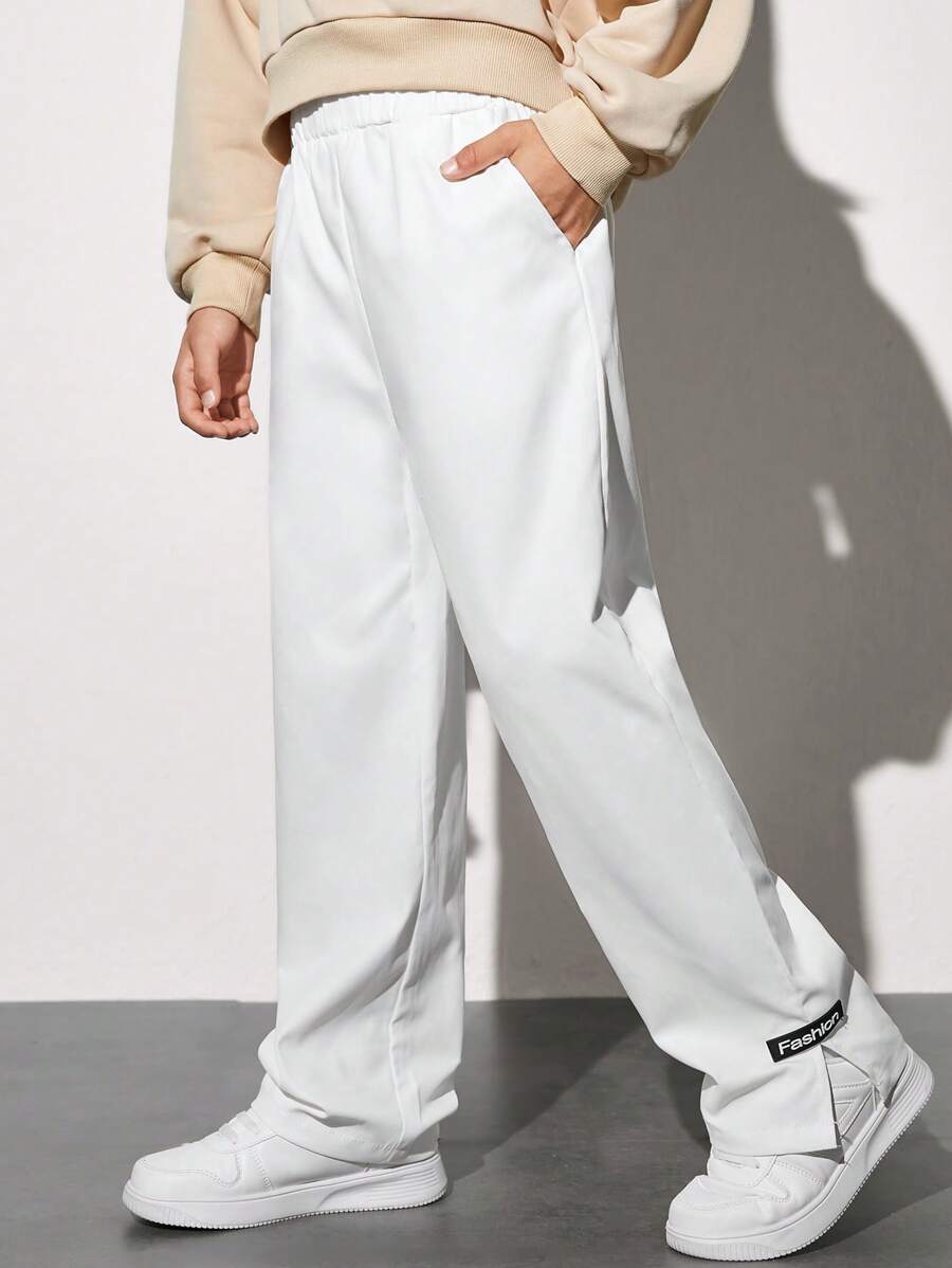 SHEIN Tween Boy Letter Patched Detail Elastic Waist Trousers - White - View 1