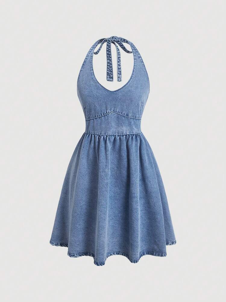 Tie Backless Halter Denim Dress