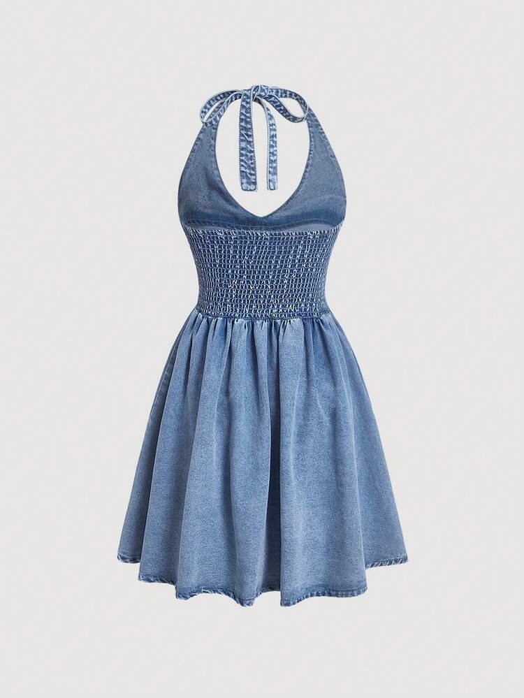 Tie Backless Halter Denim Dress