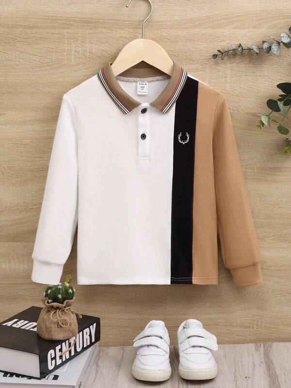 SHEIN Boys Casual Loose Comfortable Graphic Print Splicing Contrast Color Collar Long Sleeve Polo Shirt
