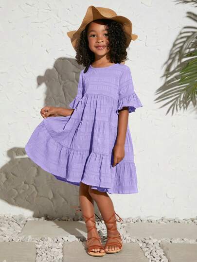 SHEIN Young Girls' Solid Color Elegant Ruffle Hem Babydoll Dress With Flounce Sleeves, For Spring/Summer