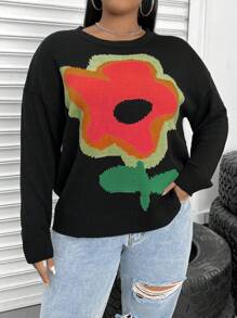 SHEIN ICON Plus Floral Pattern Drop Shoulder Sweater - Black - View 4