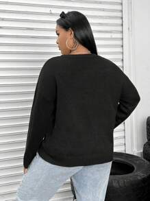 SHEIN ICON Plus Floral Pattern Drop Shoulder Sweater - Black - View 2