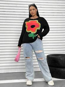 SHEIN ICON Plus Floral Pattern Drop Shoulder Sweater - Black - View 3